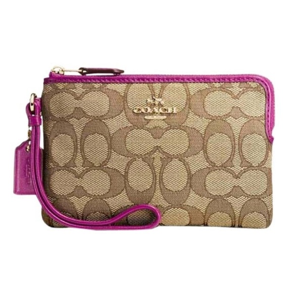 NWT Coach Corner Zip Khaki/ Fuchsia Wristlet - Picture 1 of 6